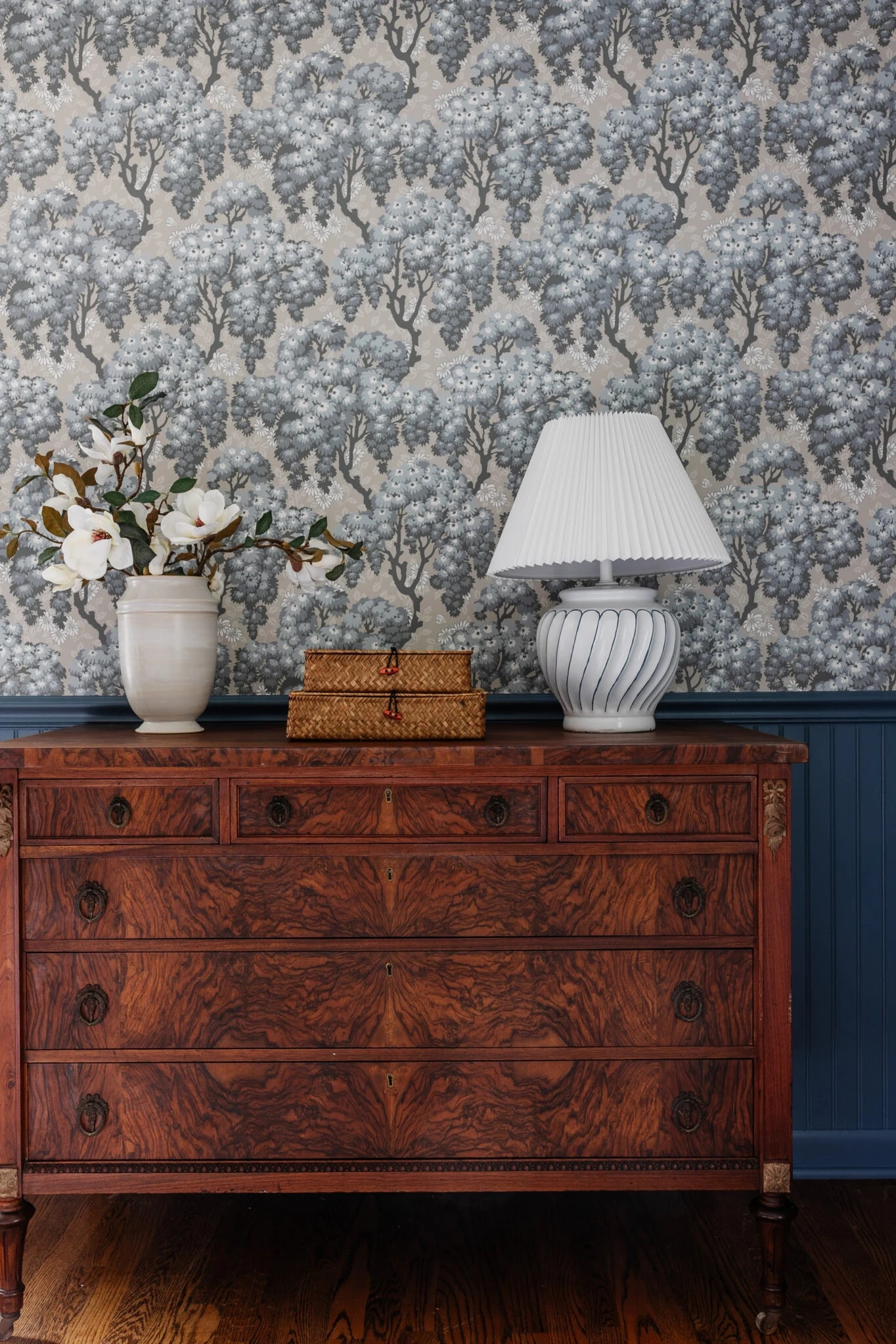 See our blog blesserhouse.com for wallpaper sources!

#Wallpaper #PlaidRug #GirlsColonialRoom #ColonialGirlsRoom #SwedishDecor #VintageDecor #magnoliastems #burlwood #diy #preteen #teenbedroom 