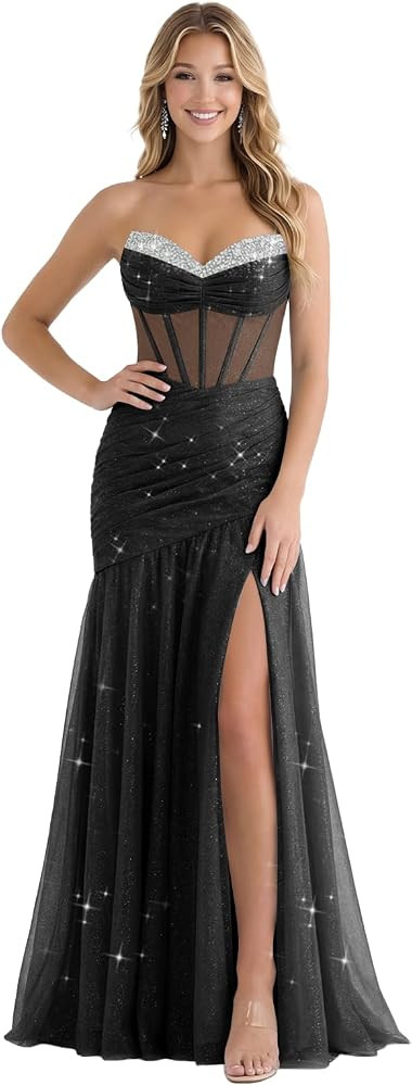 Sequin Sparkly Tulle Prom Dresses for Teens 2026 Mermaid Strapless Corset Formal Evening Gown wit... | Amazon (US)