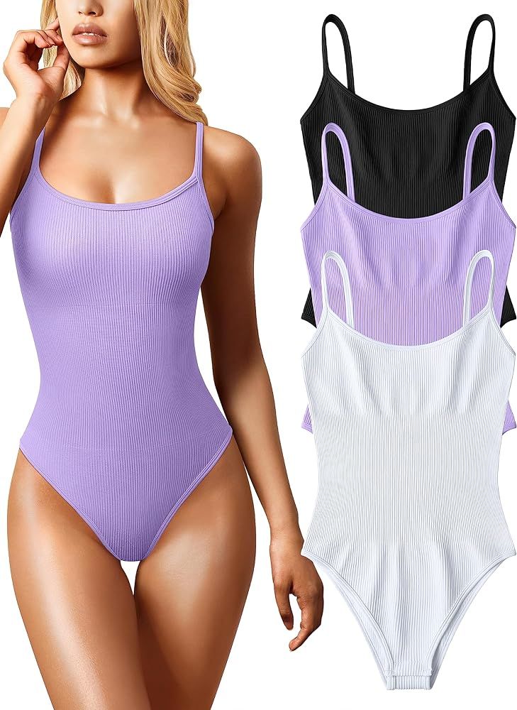 OQQ Women's 3 Piece Bodysuits Sexy Ribbed Sleeveless Adjustable Spaghetti Strip Tops Shapewear Bo... | Amazon (US)