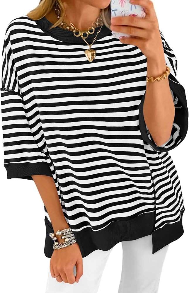BTFBM Crewneck Oversized Sweatshirt Striped Shirt Women Short Sleeve Summer Tops Casual Color Blo... | Amazon (US)