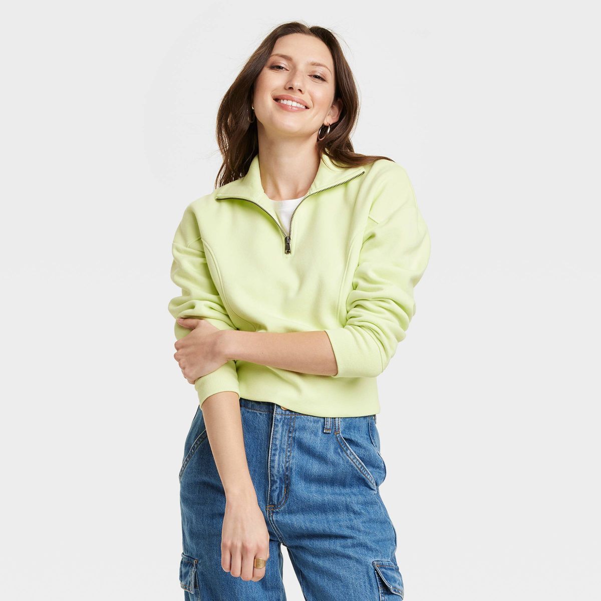 Women's Cropped Quarter Zip Sweatshirt - Universal Thread™ Lime Green XL | Target