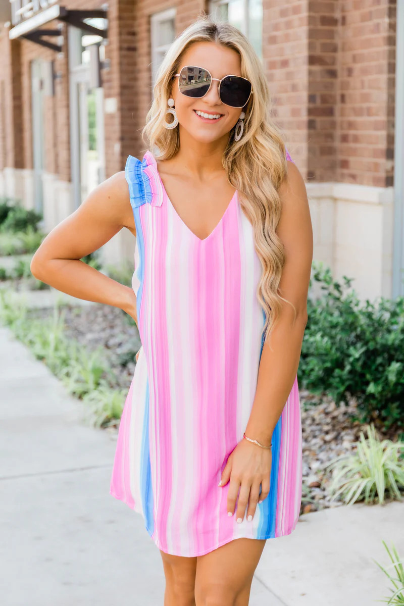 Cherished Charm Dress Striped Pink/Blue | The Pink Lily Boutique