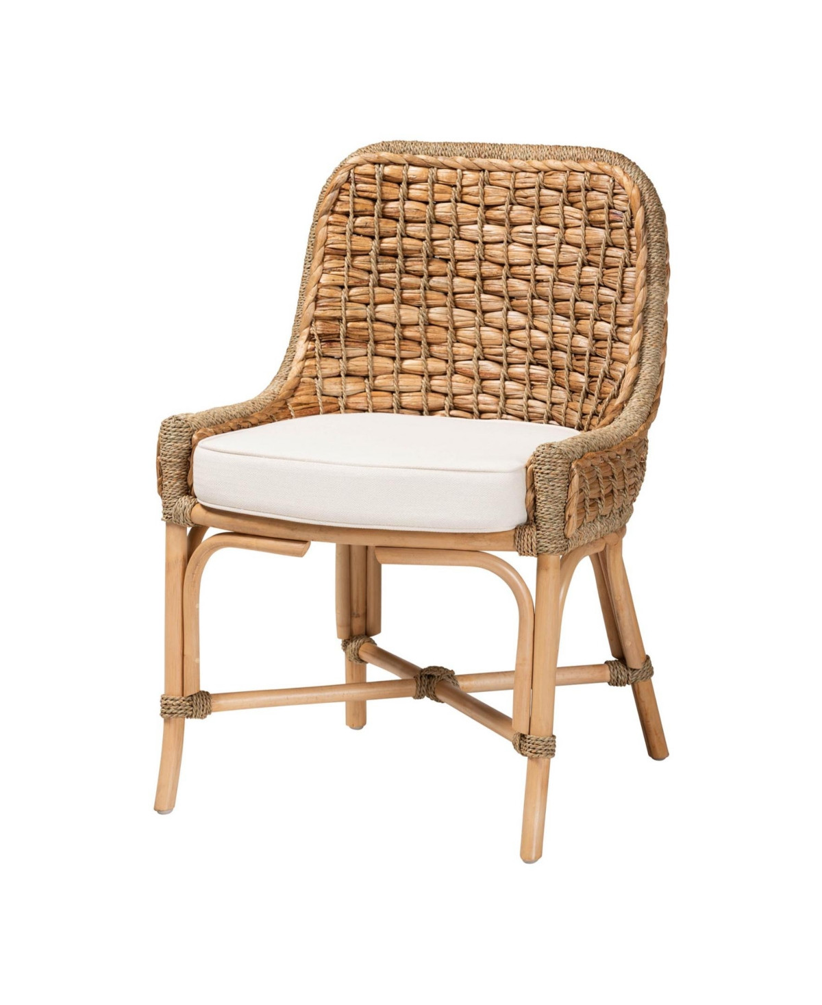 Furniture Kyle 24.6" Rattan Bohemian Dining Side Chair with Cushion - White, Natural brown | Macy's