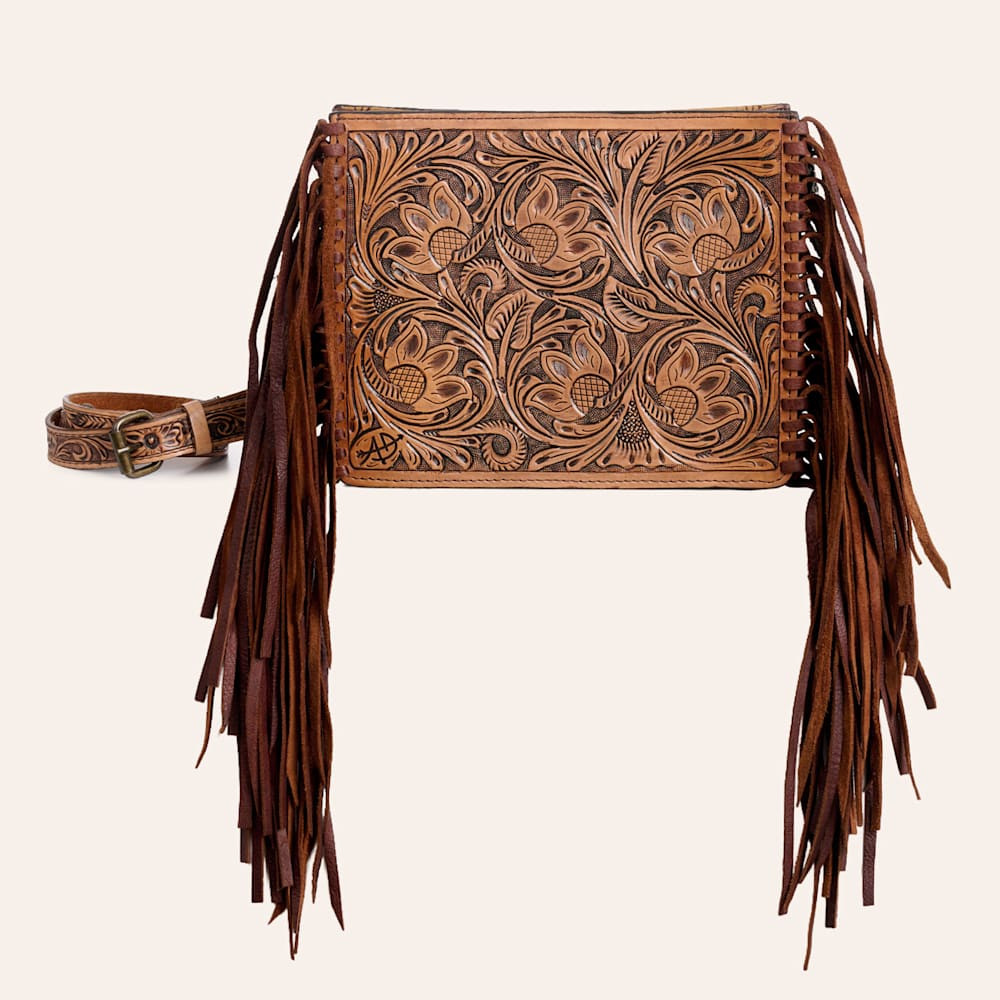 American Darling Brown Tooled Leather Fringed Crossbody Bag | Cavender's