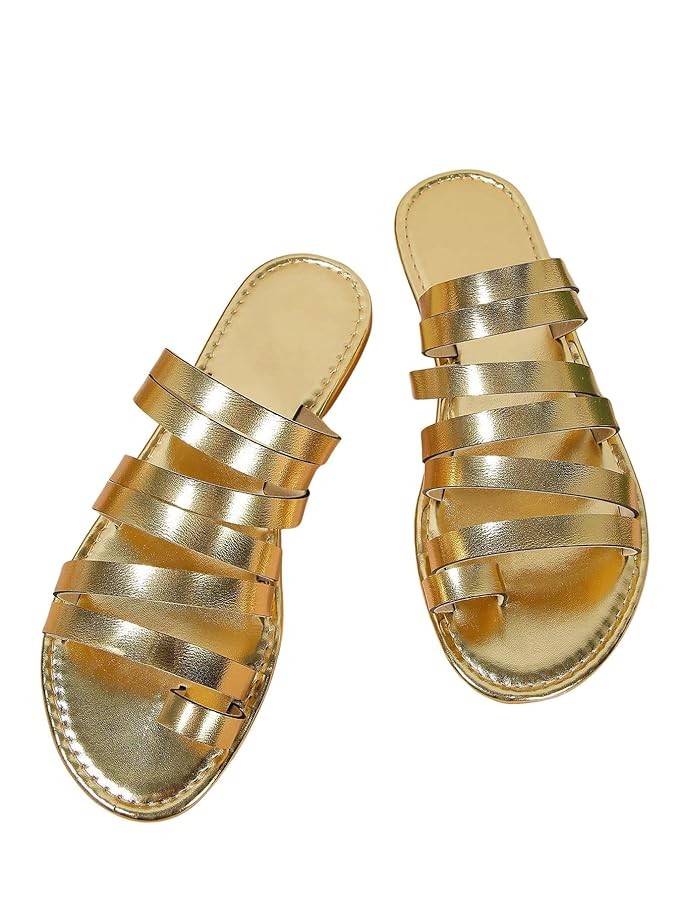 OYOANGLE Women's Metallic PU Leather Toe Post Flat Sandals Open Toe Ankle Strap Sandal Comfortabl... | Amazon (US)
