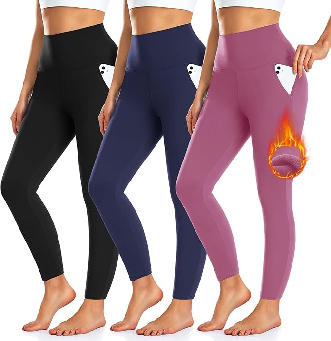 3 Pack Fleece Lined Leggings Women with Pockets -Warm Winter Yoga Pants for Women Thermal Running... | Amazon (US)