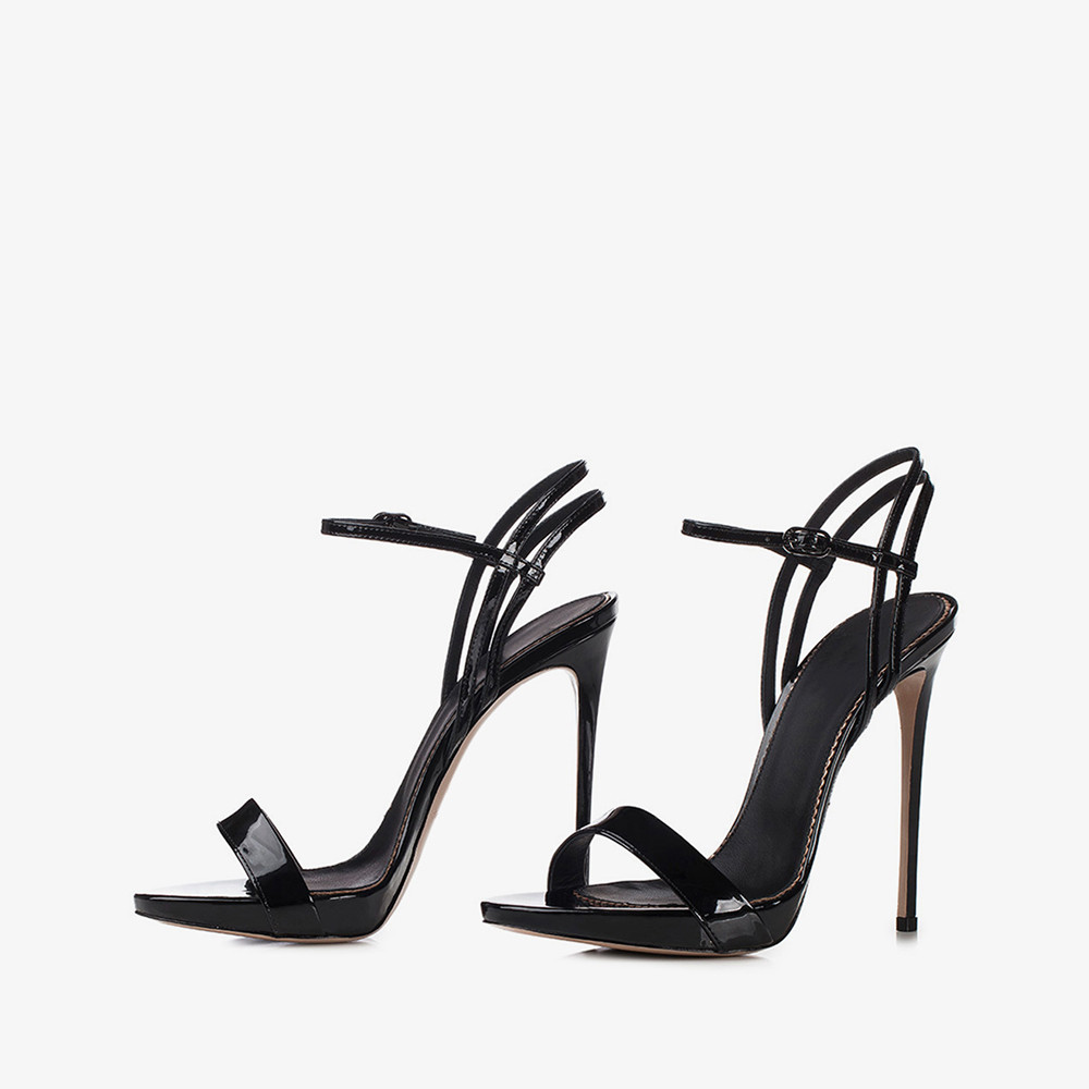 FSJ Patent Leather Platform Heels Open Toe Ankle Strap Black Sandals | FSJshoes