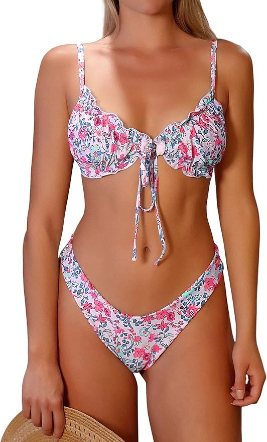ZAFUL Women's Triangle Bikini Floral Ruffles Bow Tie Up Bikini Set Two Piece Swimsuit | Amazon (US)