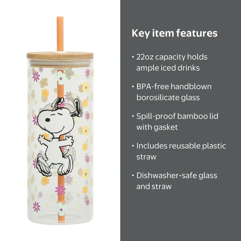 Peanuts Snoopy 22oz Glass Sipper Floral Cup | Walmart (US)