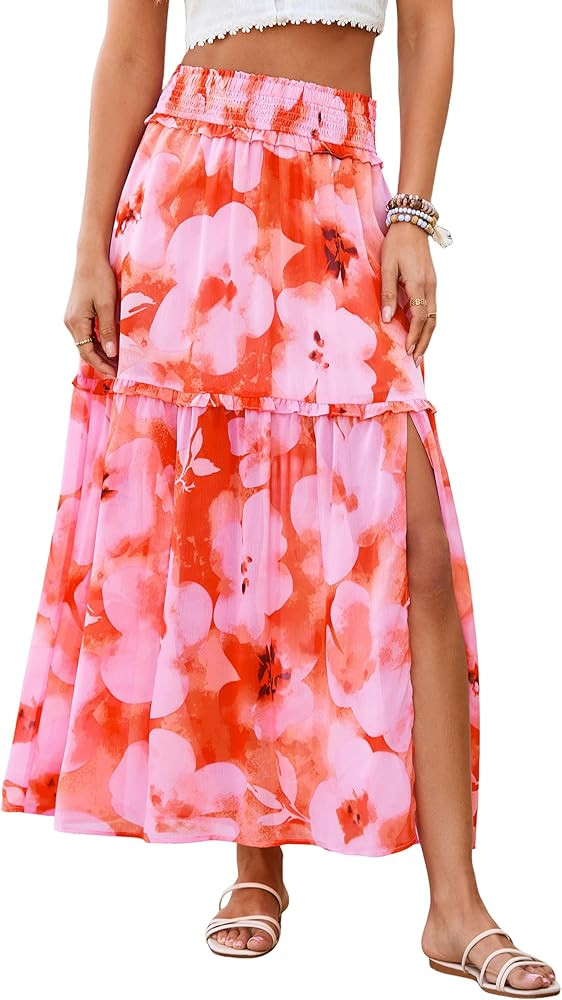 BerryGo Women Boho Floral Maxi Skirts Summer Smocked High Waisted Chiffon Flowy A Line 2026 Trend... | Amazon (US)