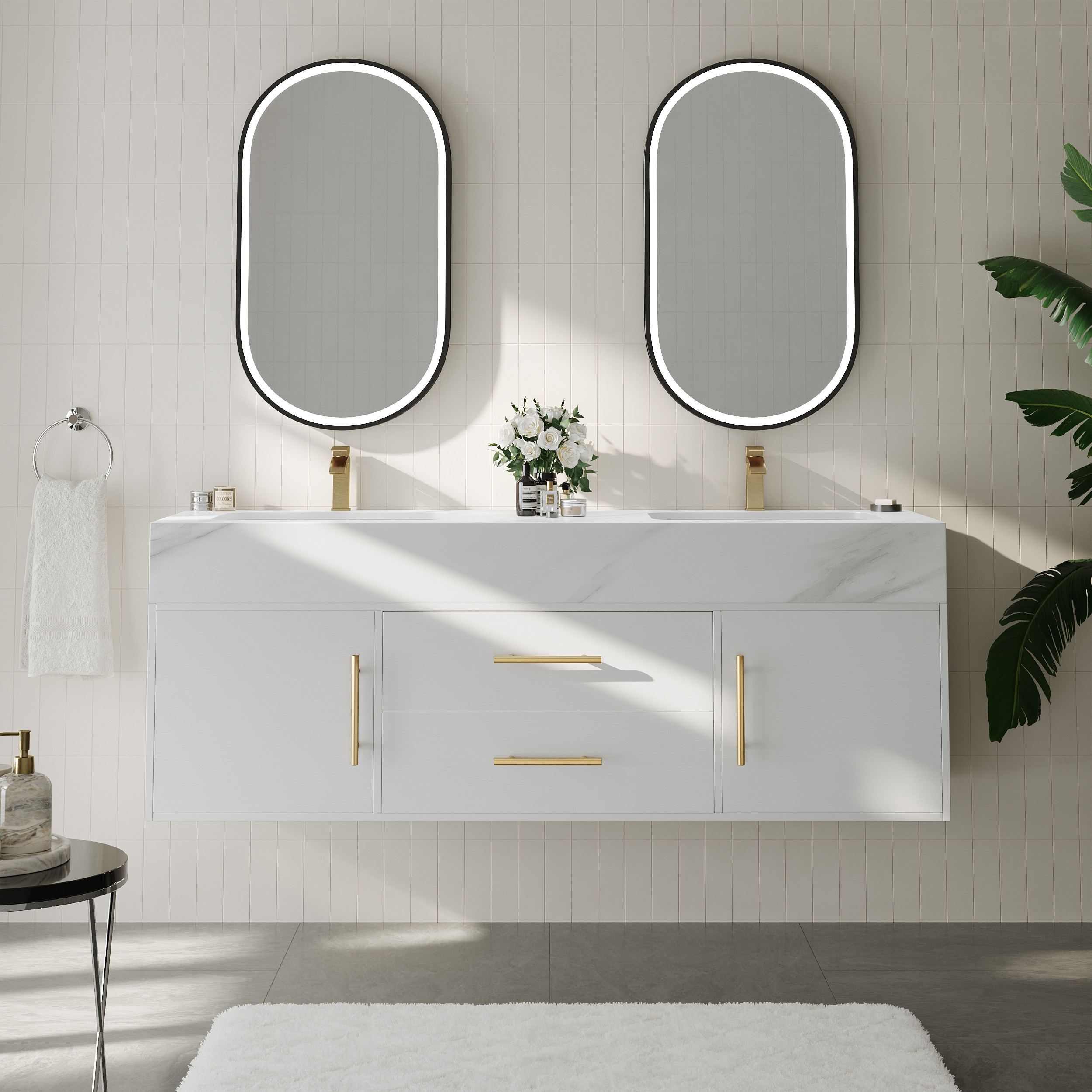 59"" Double Sink Bathroom Vanity with Gold Handles – White Modern Floating Vanity | Homary