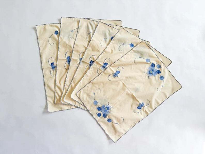 6 Vintage Embroidered Applique Placemats Blue and Cream Floral Table Linens, Vintage Tablescape, ... | Etsy (US)