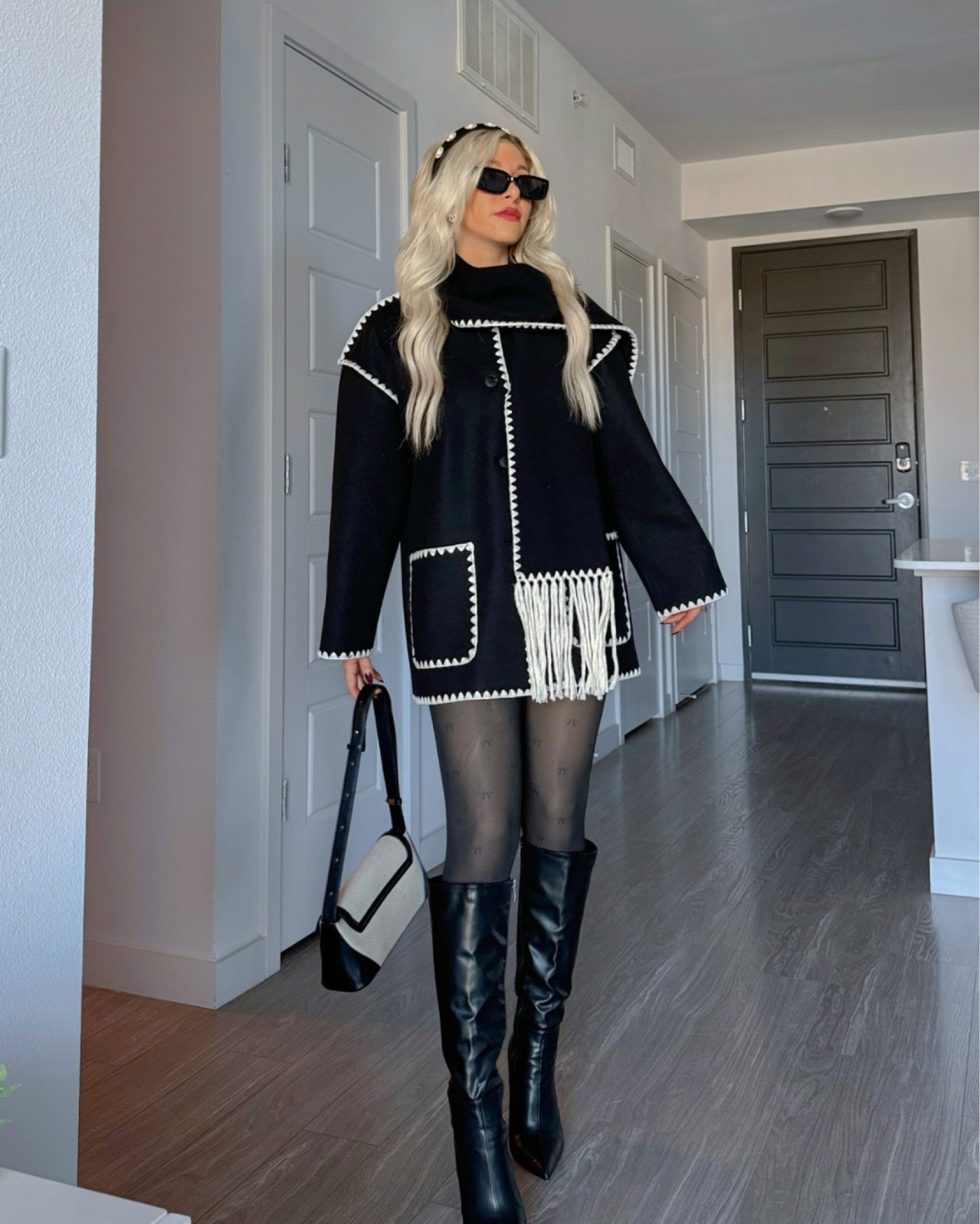 Jacket size small
Boots size 6 (true to size) 

Contrast jacket, fall jackets, scarf and jacket set, black bow tights, pearl headband, beige and black handbag, trendy bag, monochrome outfit, neutral outfit, winter outfit inspo, fall fashion trends, fall outfit inspo, black retro sunglasses, trendy winter outfit, stiletto knee high boots, black heel boots 

#LTKStyleTip #LTKHoliday #LTKBeauty