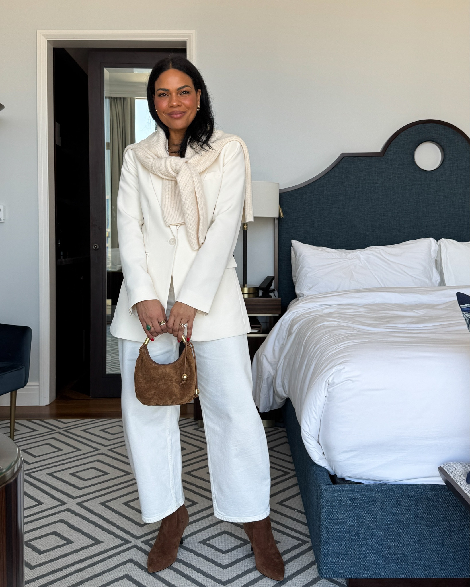 Monochrome Winter Work Outfit Inspo: Barrel Jeans in Ecru (Always size up!), Walmart blazer, Cashmere sweater, Brown suede bag and Suede booties.

#LTKOver40 #LTKStyleTip