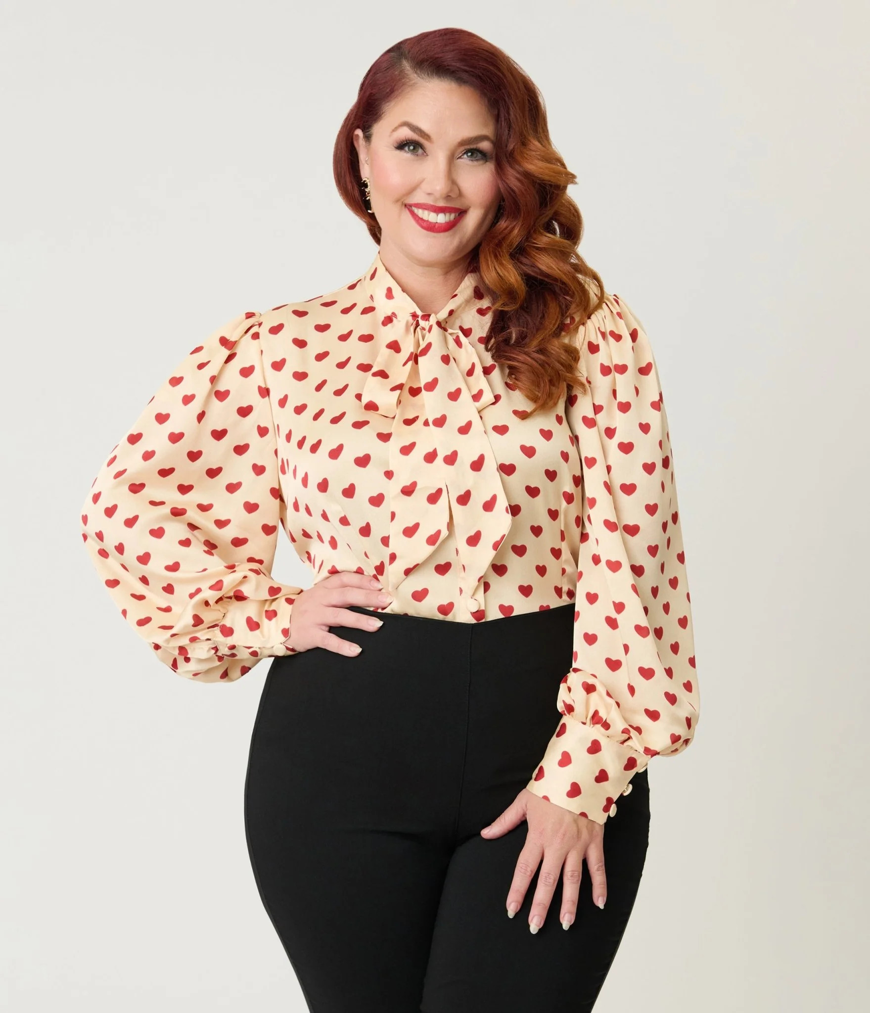 Unique Vintage Plus Size Champagne & Red Hearts Long Sleeve Gwen Blous | Unique Vintage - North America