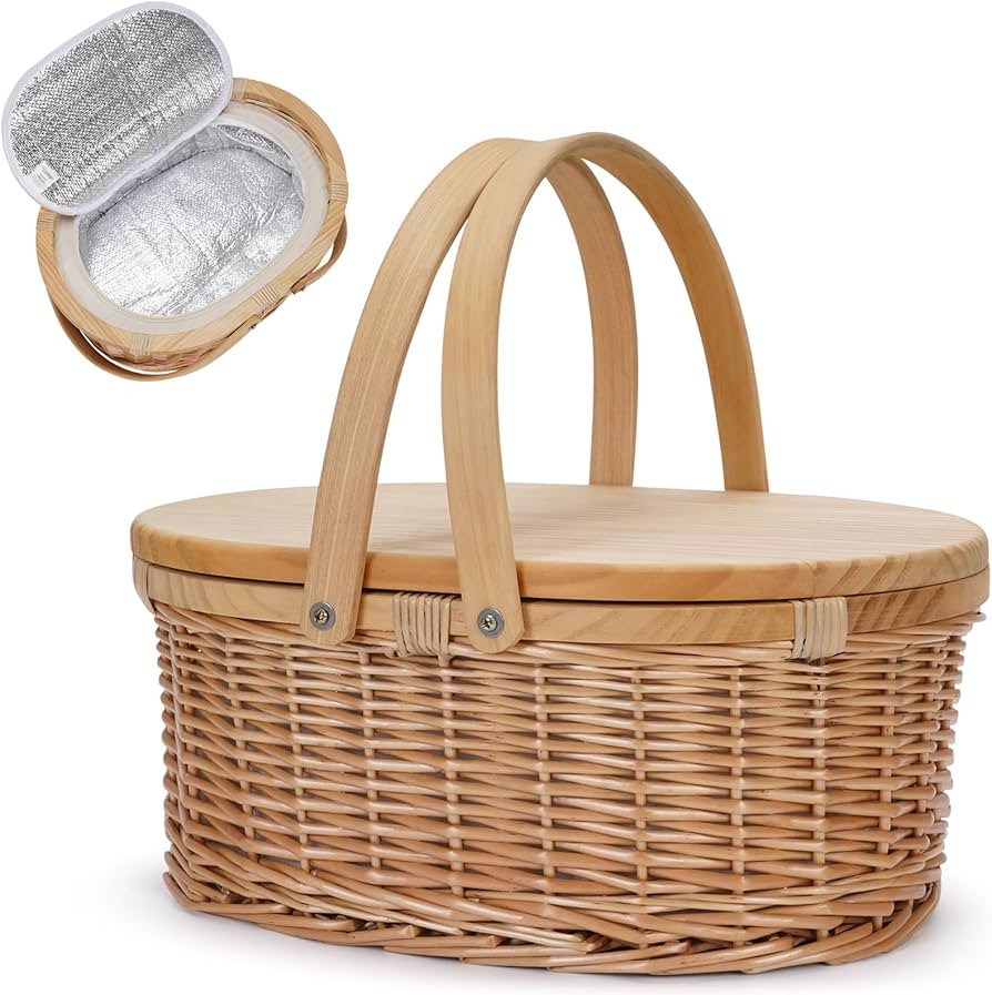Wicker Picnic Basket Cooler with Wooden Lid & Swing Handles for Beach, Camping, Park, Outdoor Par... | Amazon (US)