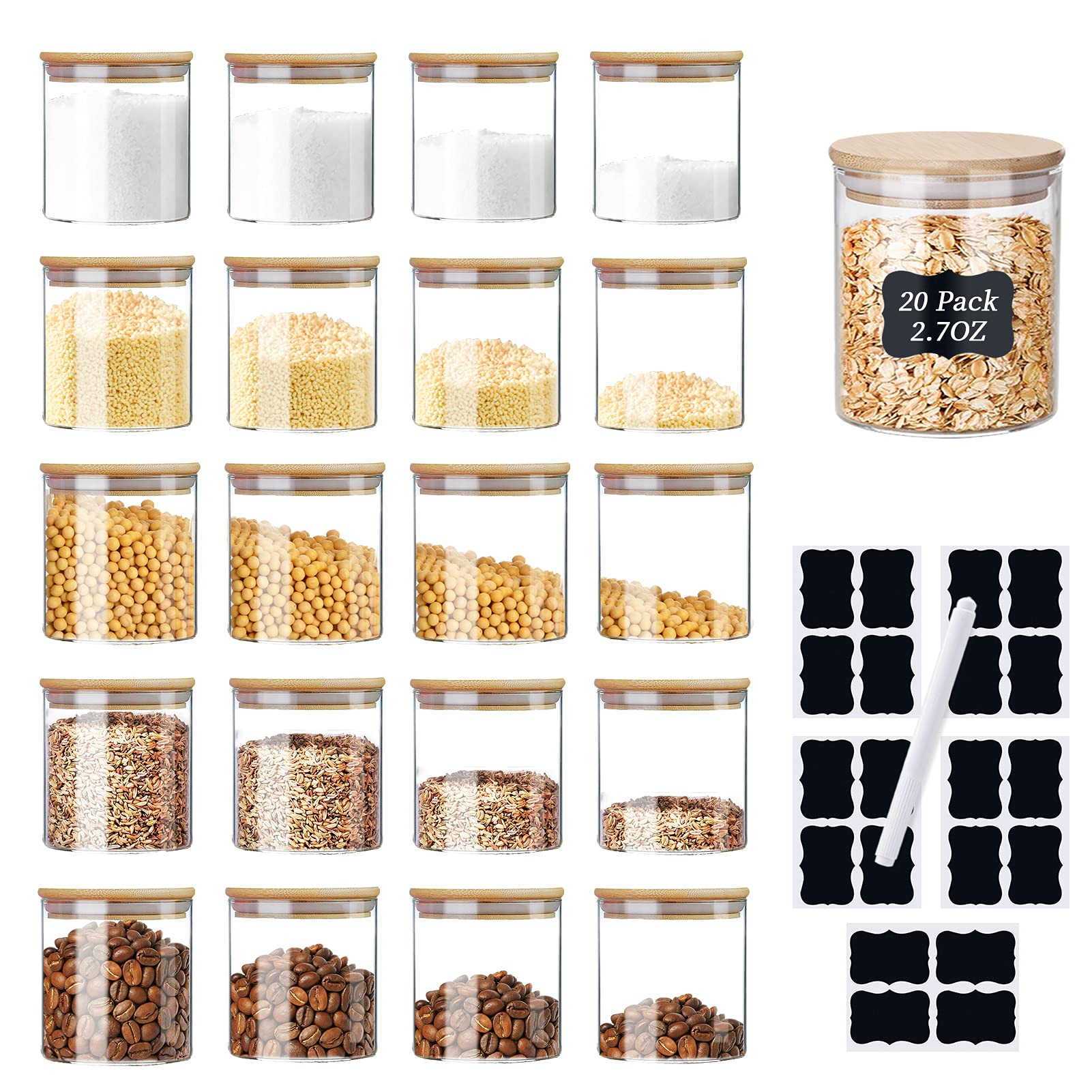 Spice Jars 20 Pack, XSIUYU 2.7 OZ Glass Storage Jars with Bamboo Airtight Lids, Labels and Pen, Dish | Amazon (US)