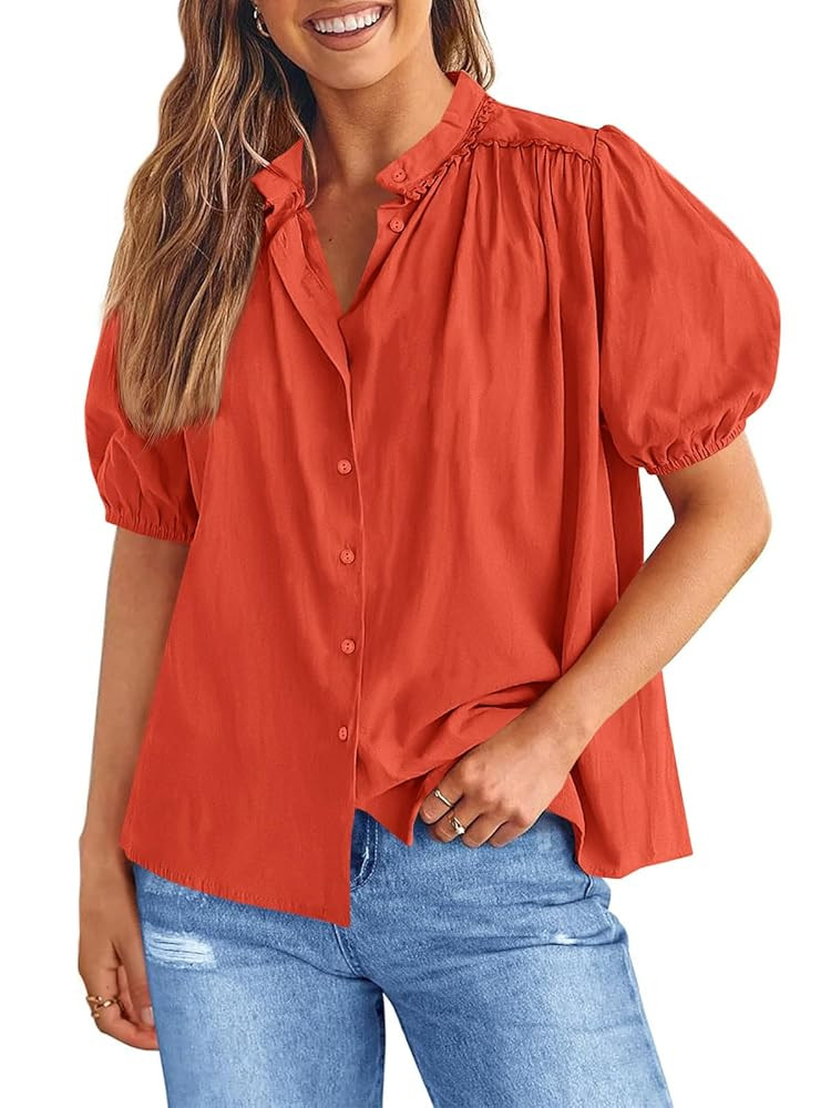Tankaneo Womens Puff Sleeve Button Down Shirts Cotton Pleated Loose Fit Tops Summer Dressy Casual... | Amazon (US)