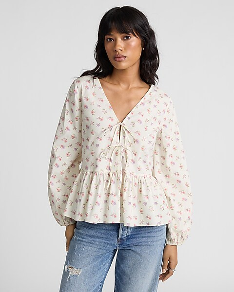 Floral Tie Front Long Sleeve Peplum Top | Express