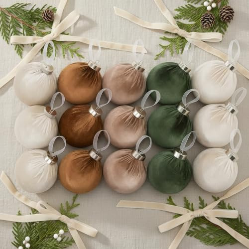 Elegant Velvet Christmas Ornaments Set with 15 Shatterproof Balls & 10 Matching Velvet Bows - Complete Festive Tree Decor Kit - Neutral Holiday Flocked Ornaments for Christmas Tree Decoration | Amazon (US)