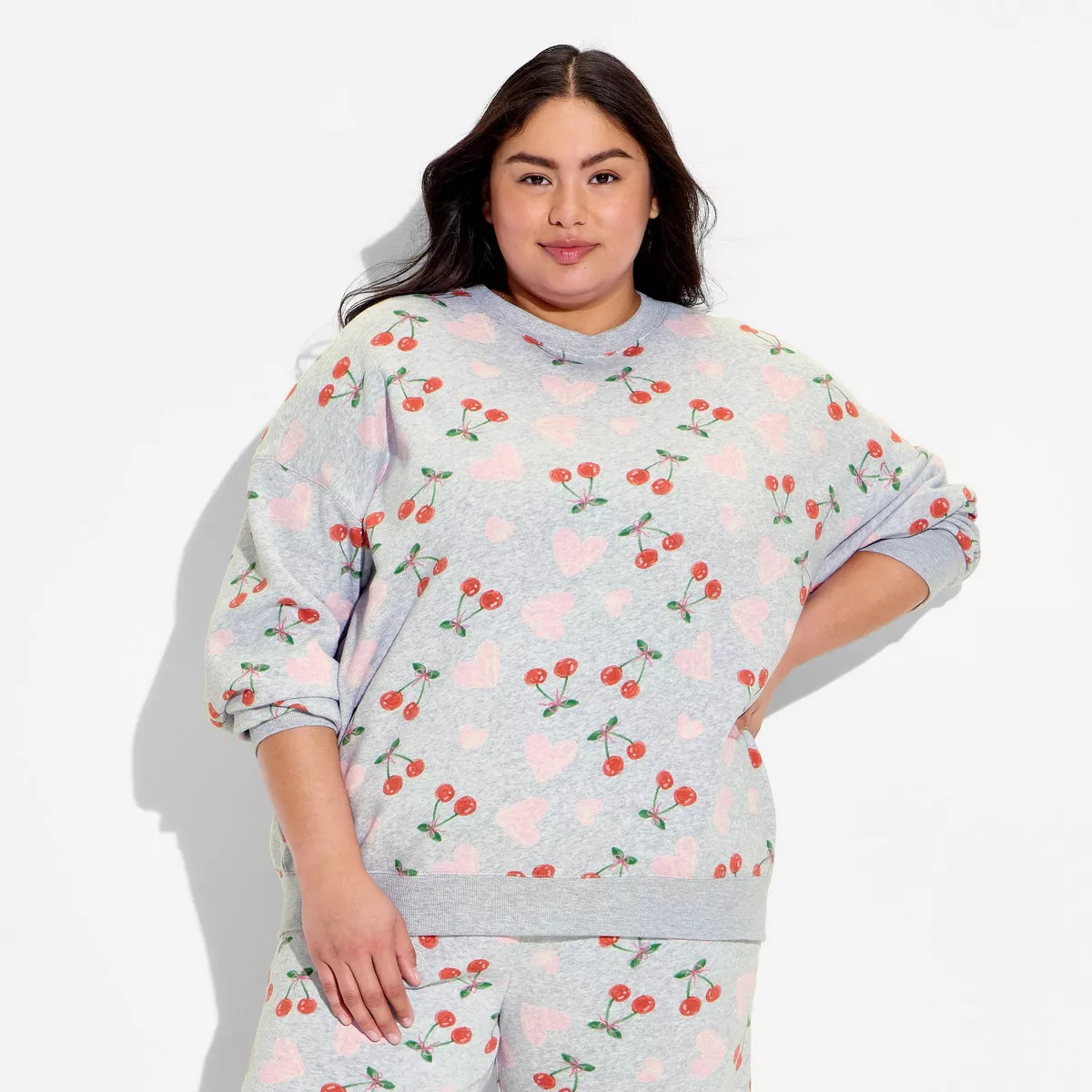 Women's Cherry Heart Fleece Graphic Pullover Sweatshirt - Heather Gray | Target