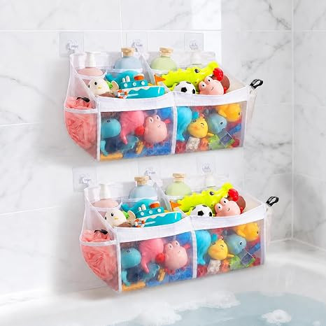 2 Pack Large Bath Toy Organizer with 2 Compartments and Multiple Pockets, Quick-Dry Mesh Bathtub ... | Amazon (US)