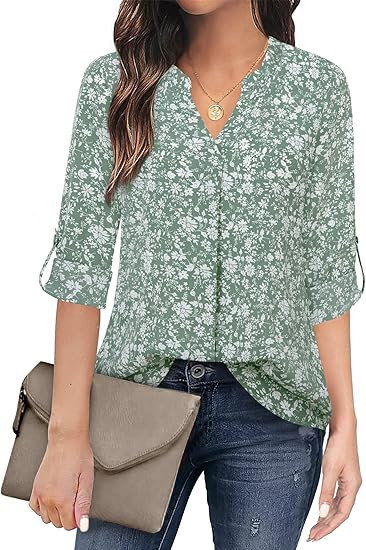 Timeson Women's Casual Chiffon V Neck 3/4 Sleeve Blouse Tops | Amazon (US)