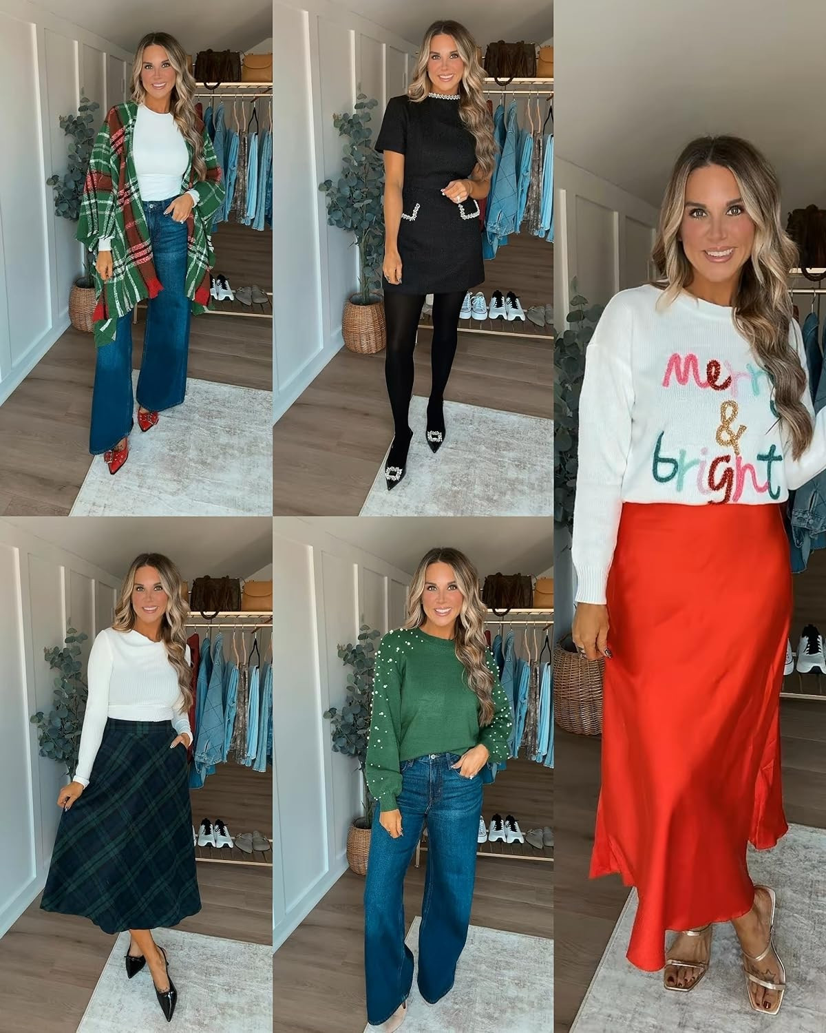 Holiday styles you’re sure to love! I’m 5’6 139lbs, wearing small in all tops (including the pearl detail sweater, graphic holiday sweater, and white long sleeve tops), size 6 jeans, small skirts & small black dress. Shoes fit true to size.  

 #LTKHoliday #LTKParties #LTKStyleTip