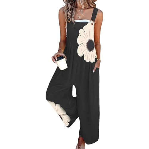 QXE Women's Jumpsuits 2026 Summer Floral Overalls One Piece Outfits Sleeveless Wide Leg Pants Rompers with Pockets | Amazon (US)
