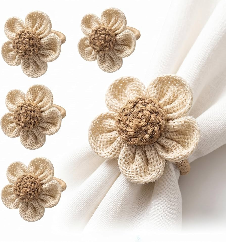 Woven Flower Napkin Rings Set of 4, Rustic Burlap Daisy Napkin Holders, Boho Farmhouse Table Deco... | Amazon (US)