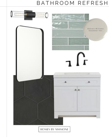 Modern bathroom refresh with tile, mirror, vanity, light and faucet. 

#LTKhome