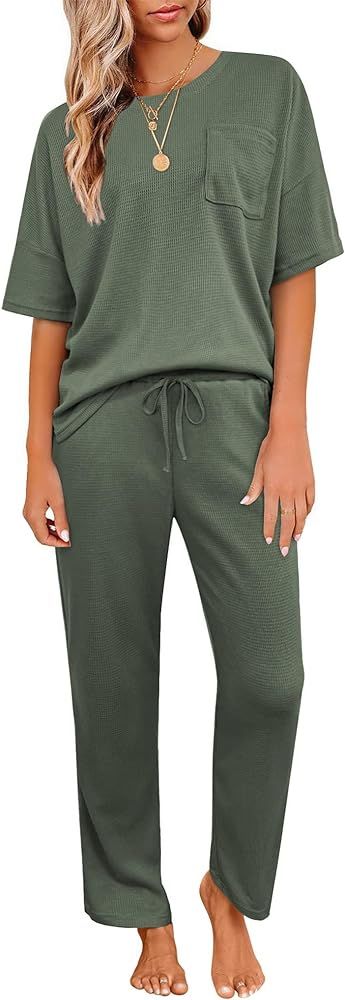 Womens Pajama Sets Waffle Knit Short Sleeve Shirt with Long Pajama Pants Soft Sleepwear Pj Lounge... | Amazon (US)
