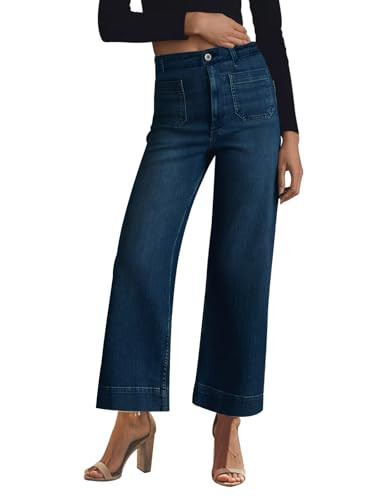 KUNMI Women's Wide Leg High Waisted Stretchy Straight Leg Jeans Baggy Loose Trendy Ankle Denim Pants Dark Blue 2 Size 2 | Amazon (US)