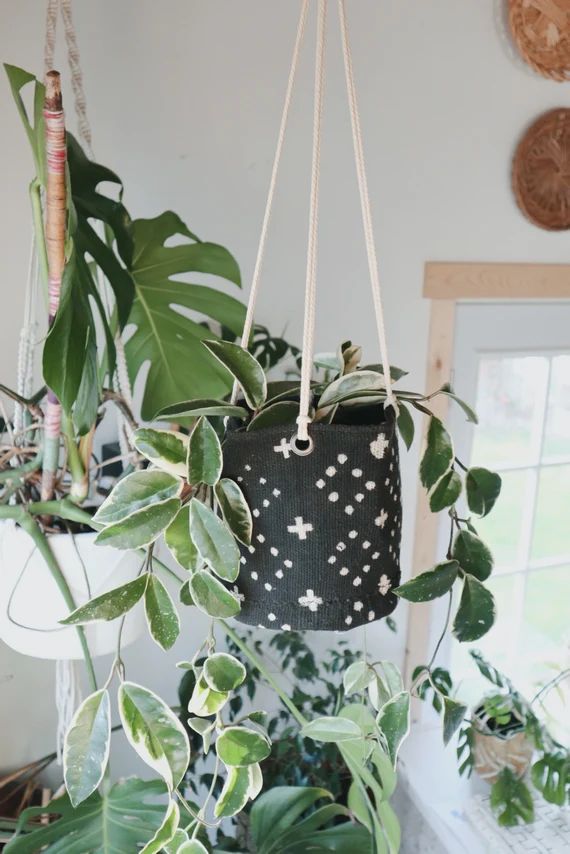 Mudcloth Plant Basket or Hanging Basket - BLACK PLUS and DOTS | Etsy (US)