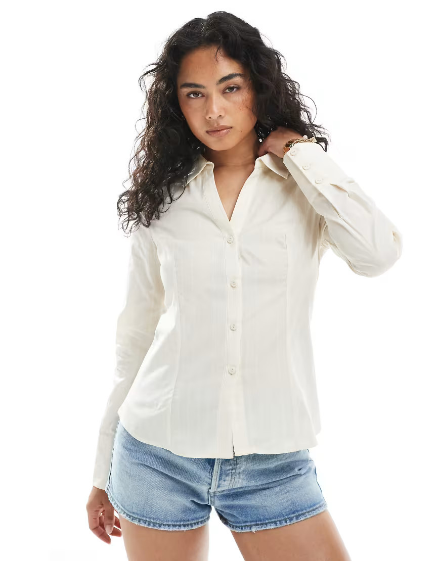 Miss Selfridge poplin fitted pinstripe shirt in butter yellow | ASOS (Global)