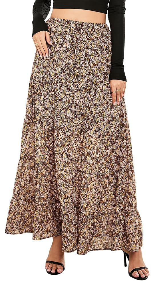 Tsher Women's Casual High Elastic Waist Ruffle Boho Pleated A-line Long Maxi Skirts 0333 | Amazon (US)