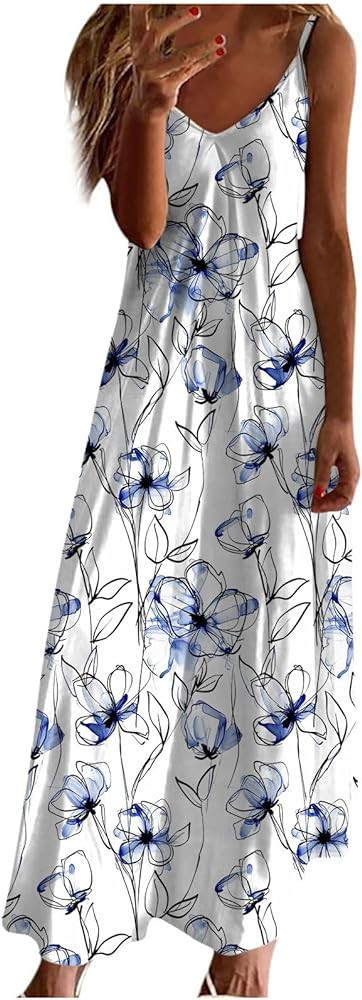 Ceboyel Women Floral Spaghetti Strap Sundress Casual Summer Long Maxi Dress Vneck Sexy Boho Dress... | Amazon (US)