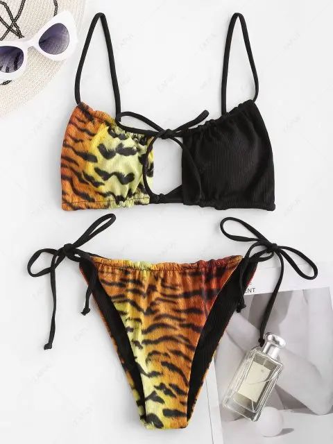 ZAFUL Ribbed Tiger Print Drawstring Cutout String Bikini Swimwear - Black S | ZAFUL (Global)