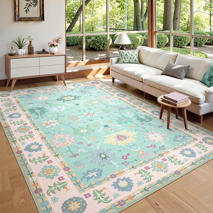 LIVEBOX Washable Oushak Pink Boho Area Rug, 8x10 Machine Washable Rugs for Bedroom Girls Living R... | Amazon (US)