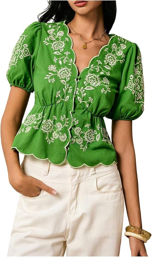 Women's Boho Floral Embroidered Puff Sleeve Tops Summer Button Down Peplum Babydoll Vacation Blou... | Amazon (US)