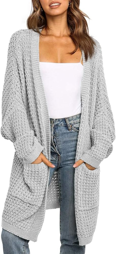 Women's Long Batwing Sleeve Open Front Chunky Knit Cardigan Sweater with Pockets | Amazon (US)