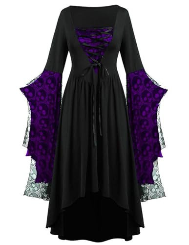 Womens Witch Dress, Halloween Medieval Vampire Costume Bat Sleeve Skull Lace Corset Gothic Sorceress Dresses (Black-Purple, Medium) | Amazon (US)