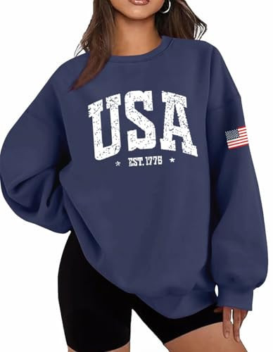 Dressmine USA Graphic Sweatshirts for Women Fleece Hoodie Crewneck Long Sleeve Loose Fit American Flag Sweater Navy Blue XXL | Amazon (US)