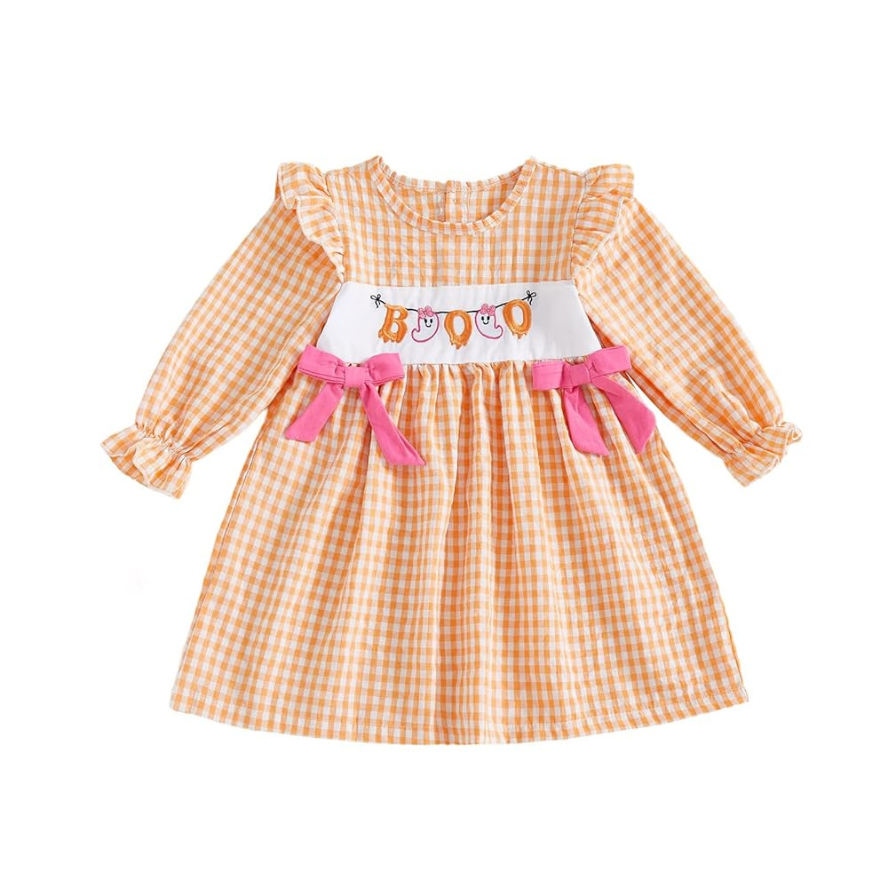 Adobabirl Toddler Baby Girl Halloween Smocked Dress Pumpkin Embroidered Long Sleeve Plaid Dresses... | Amazon (US)