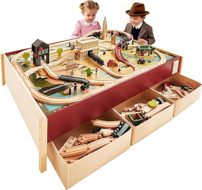 Tiny Land Large Wooden Train Table (47.9”x35.2”), 100PCS Train Set, 3 Storage Bins, Activity ... | Amazon (US)