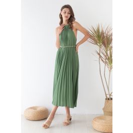 Golden Chain Halter Neck Pleated Maxi Dress in Green | Chicwish