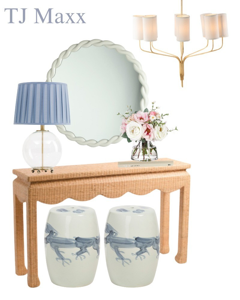 TJ Maxx designer finds, dragon garden stool, woven console table, round mirror, designer lighting, entry, hallway, coastal, neutrals.

#LTKHome #LTKSaleAlert