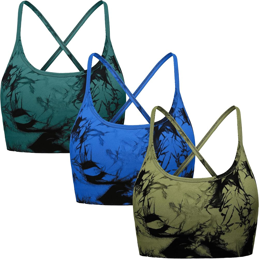 OVESPORT 3 Piece Women's Workout Sports Bras Seamless Tie-dye Strappy Gym Yoga Crop Bra | Amazon (US)