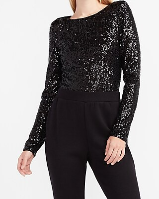 Sequin Padded Shoulder Thong Bodysuit | Express