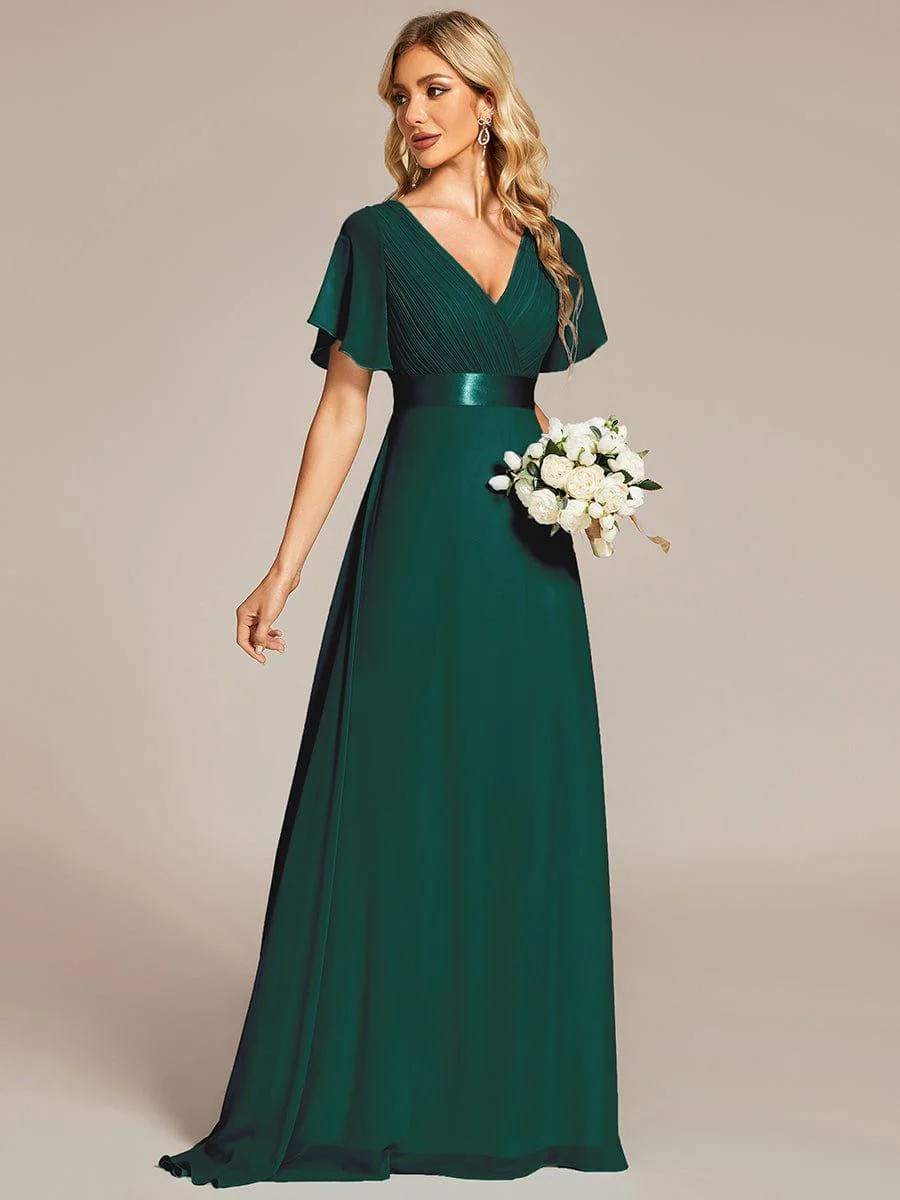 ever MONICA|Long Chiffon Empire Waist Bridesmaid Dress with Short Flutter Sleeves | Ever Pretty Garment Inc